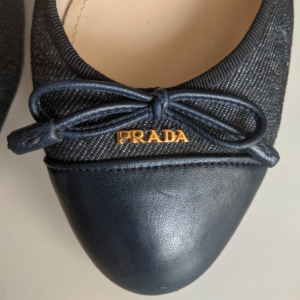 PRADA DENIM CAP-TOE BALLERINA FLAT, BLUE SHOES. No box